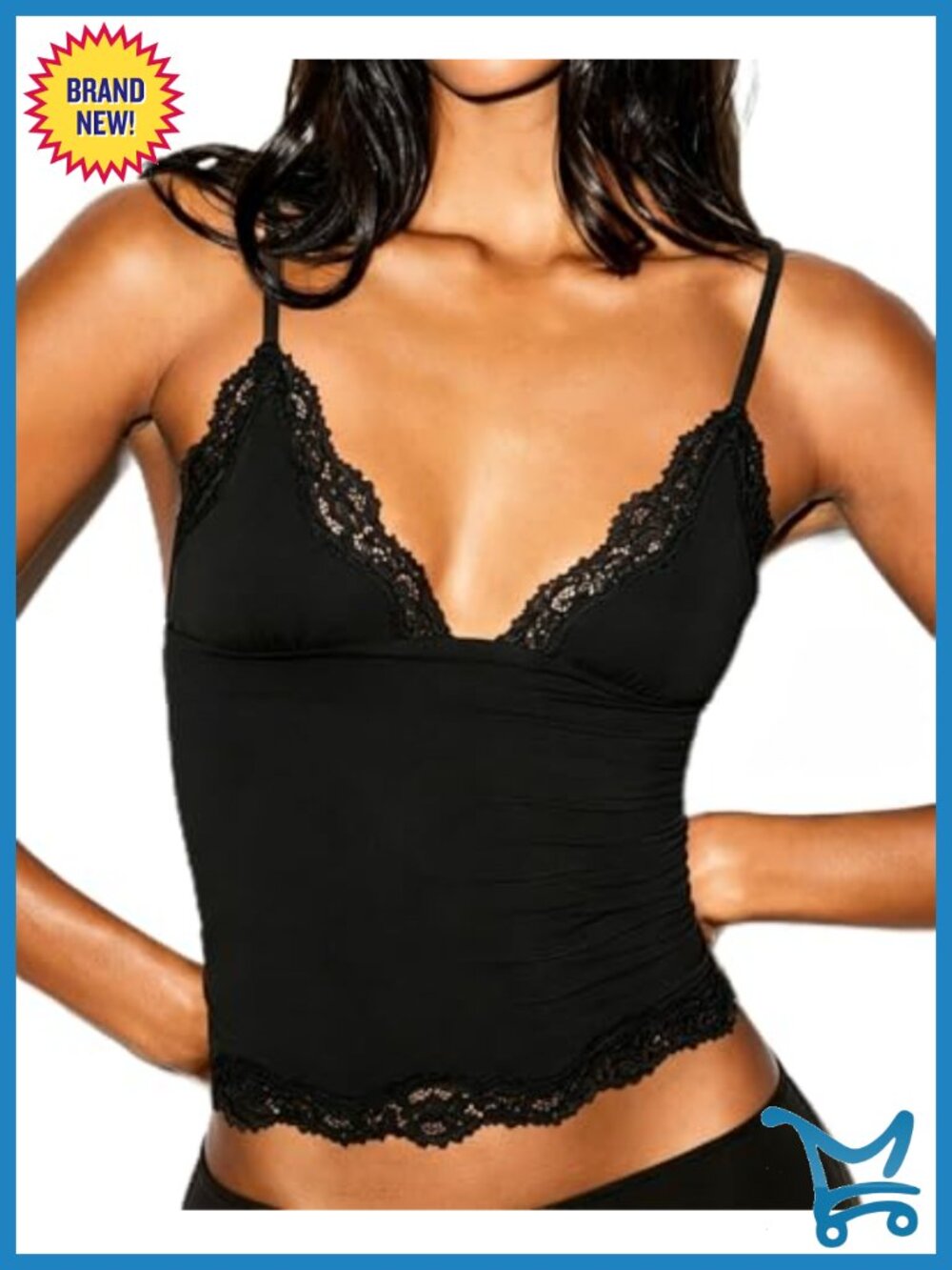 V Neck Lace Trim Cami Top Sleeveless Adjustable Spaghetti Strap Slim Fit